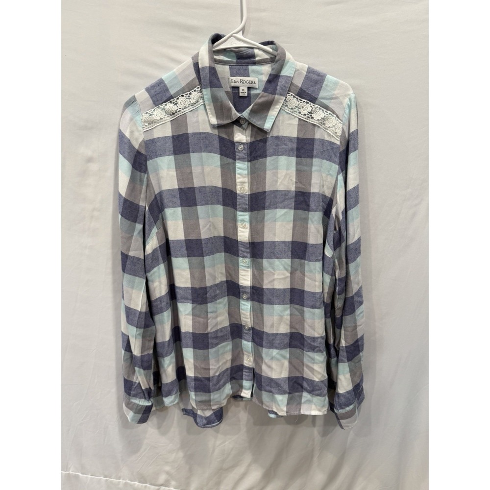 Kim Rogers Plaid Button Up Shirt XL Blue Gray Crochet Lace Trim Long Sleeve Top